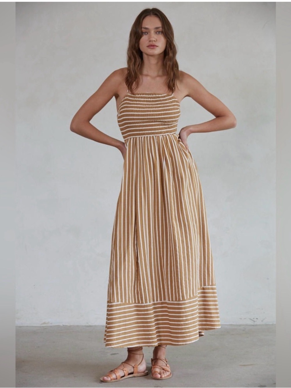 Mustard and White Striped Smocked Maxi Dress | S